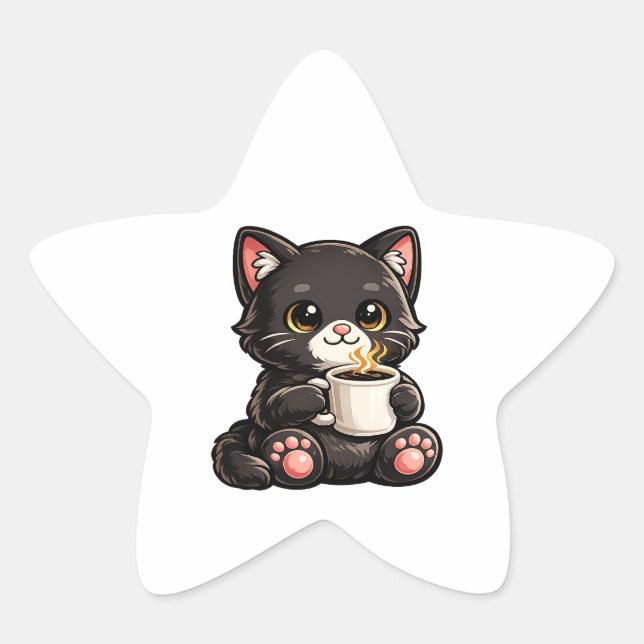 Sticker Étoile Joli Chat Noir avec Café (Devant)