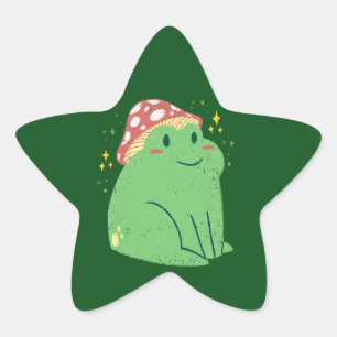 Sticker Étoile Jolie grenouille verte avec chapeau de champignon