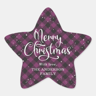 Sticker Étoile Joyeux Noël Purple Plaid Calligraphie Neige