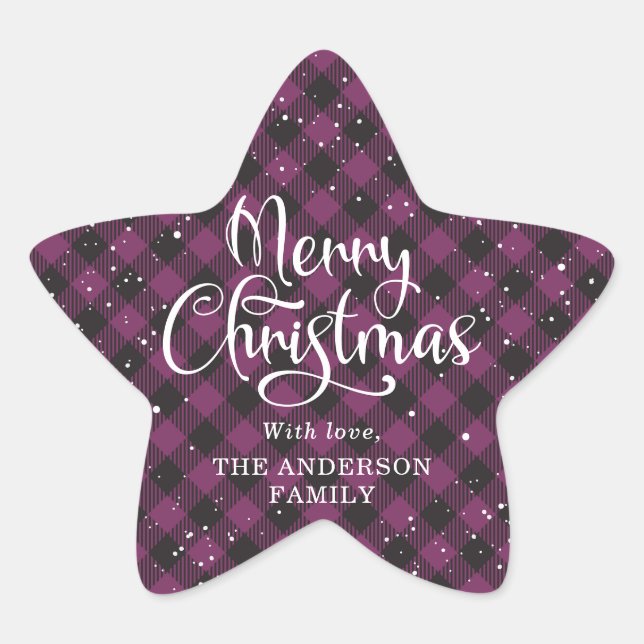 Sticker Étoile Joyeux Noël Purple Plaid Calligraphie Neige (Devant)