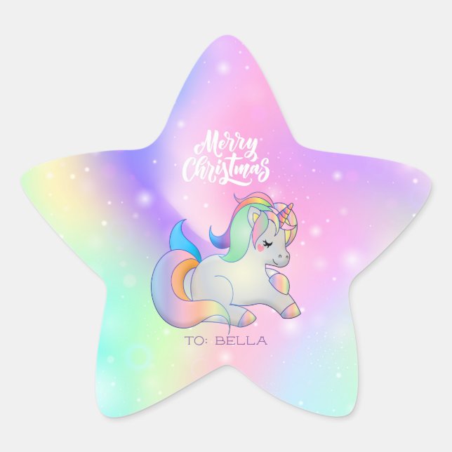 Sticker Étoile Joyeux Noël Rainbow Unicorn cadeau de vacances (Devant)