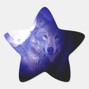 Sticker Étoile Loup, Lune et Nuit Bleue