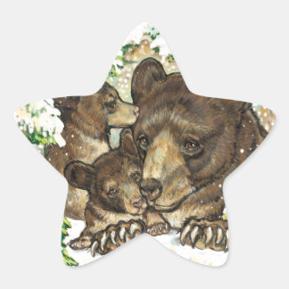 Sticker Étoile Mère et CUB d'ours noir d'art de faune d'hiver
