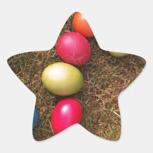 Sticker Étoile Oeufs peints colorés dans le jardin, Oeufs de Pâqu