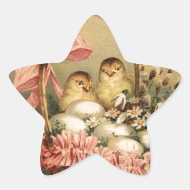 STICKER ÉTOILE PANIER ÉLÉGANT, POULET, FLEURS ET OEUFS DE PÂQUES (Devant)