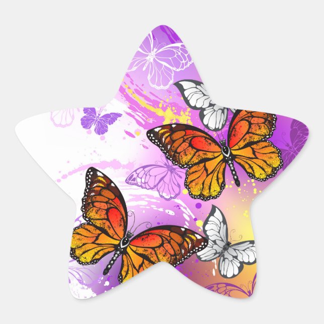 Sticker Étoile Papillons Monarque sur Arrière - plan pourpre (Devant)