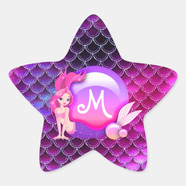 Sticker Étoile Perles de sirène et échelles Monogramme rose ID600 (Devant)