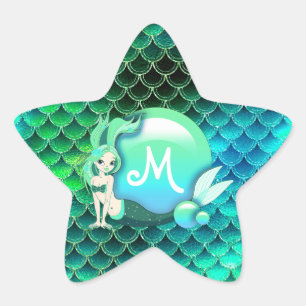 Sticker Étoile Perles de sirène et échelles Monogramme vert ID600