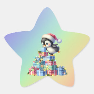 Sticker Étoile Pingouin de Noël mignon avec carte cadeau et lumiè