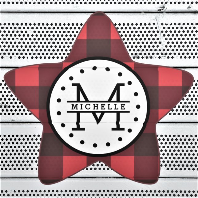 Sticker Étoile Rouge noir Buffalo Plaid Nom de la sériole Monogra (Créateur téléchargé)