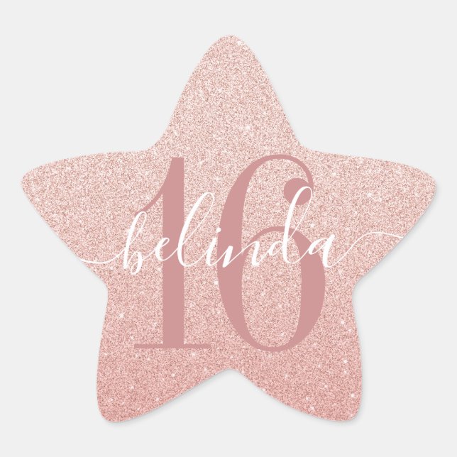 Sticker Étoile Sweet 16 Girly Rose Gold Blush rose Monogramme Nom (Devant)