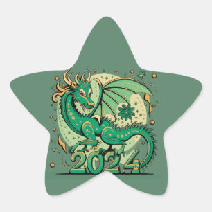 Sticker Étoile Symbole 2024 Nouvel An, Dragon de Bois Vert