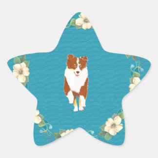 Sticker Étoile Tri rouge avec Aussie sur Turquoise Floral