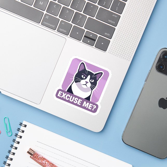 Sticker Excusez-Moi ? Mème de Chat – Illustration de Chat  (Ordinateur portable avec iPhone)