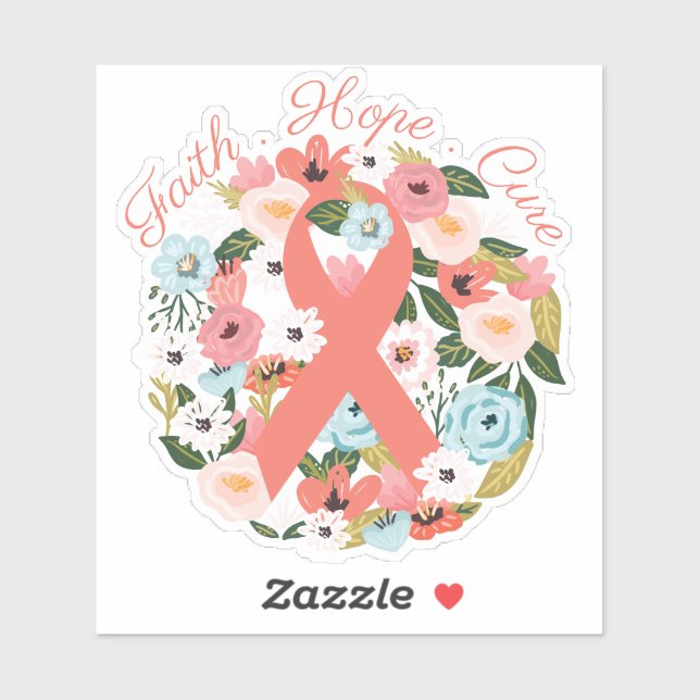 Sticker Faith Hope Cure Cancer du Sein Ruban & Flore (Feuille)