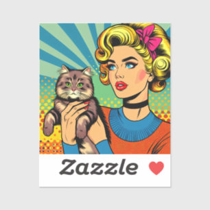 Sticker Femme de l'art pop cartoonistique tenant un chat