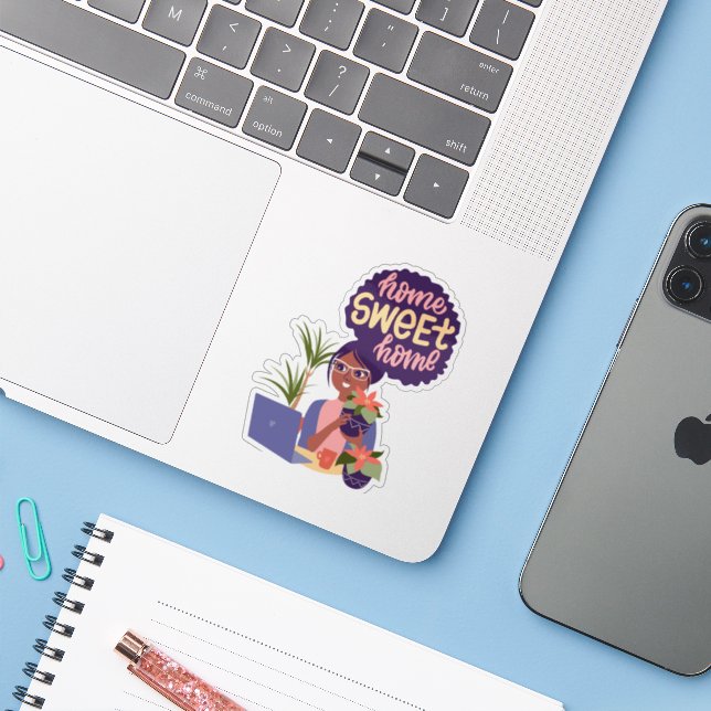 Sticker Femme noire Fou Plante Lady, Home Sweet Home (Ordinateur portable avec iPhone)