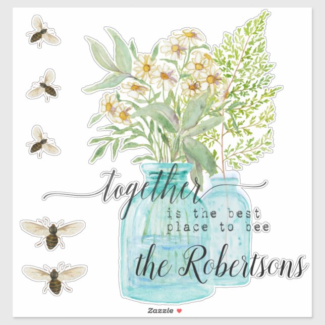 Sticker Ferme Floral Bleu Verre w Bees Aquarelle (Feuille)