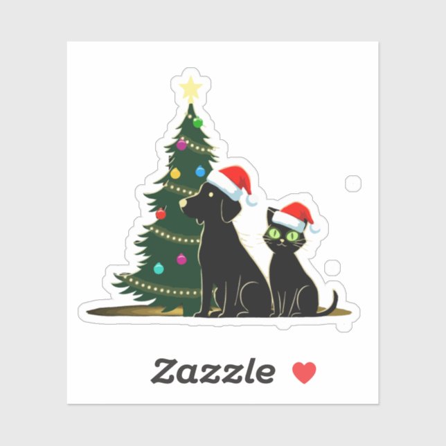 Sticker Festive Chat Noir et Chien avec Chapeau de Père No (Feuille)