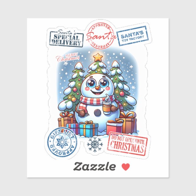 Sticker Festive Snowman With Christmas Stamps and Presents (Feuille)