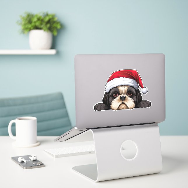 Sticker Fête Noël Shih Tzu Kiss Cut (Ordinateur portable sur le bureau)