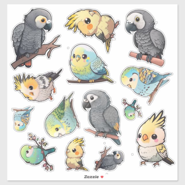 Sticker Feuille d'autocollants African Grey, Cockatiel et  (Feuille)