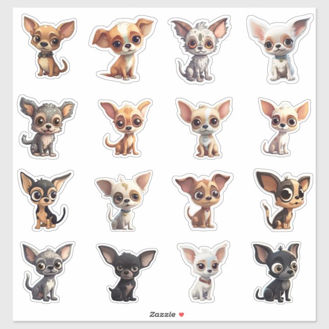 Sticker Feuille d'autocollants Chihuahua 16 Chiens Cartoon (Feuille)