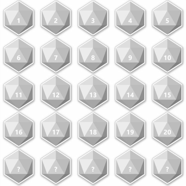 Sticker Feuille de 25 dés D20 à texte personnalisé | Modèl (Devant)