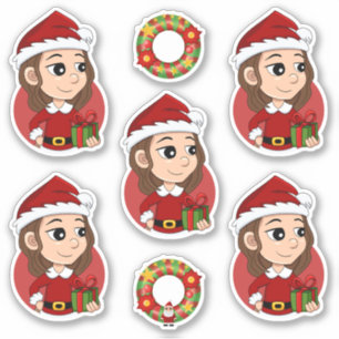 Sticker Fille de Noël aux cheveux bruns ondulés