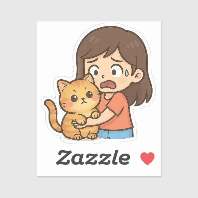 Sticker Fille effrayée serrant son chat dans ses bras (Feuille)