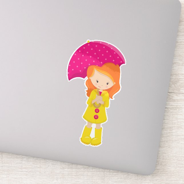 Sticker Fille En Manteau De Pluie, Fille Avec Parapluie, C (Détail)