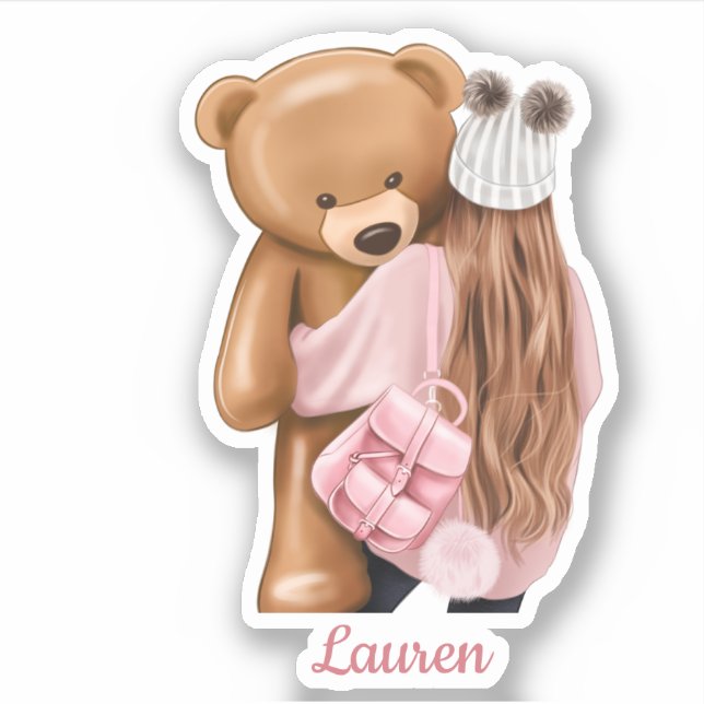 Sticker Fille en rose avec ours en peluche Nom personnalis (Devant)