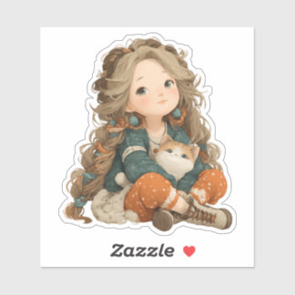 Sticker Fille et chat dans un moment de calme – Autocollan
