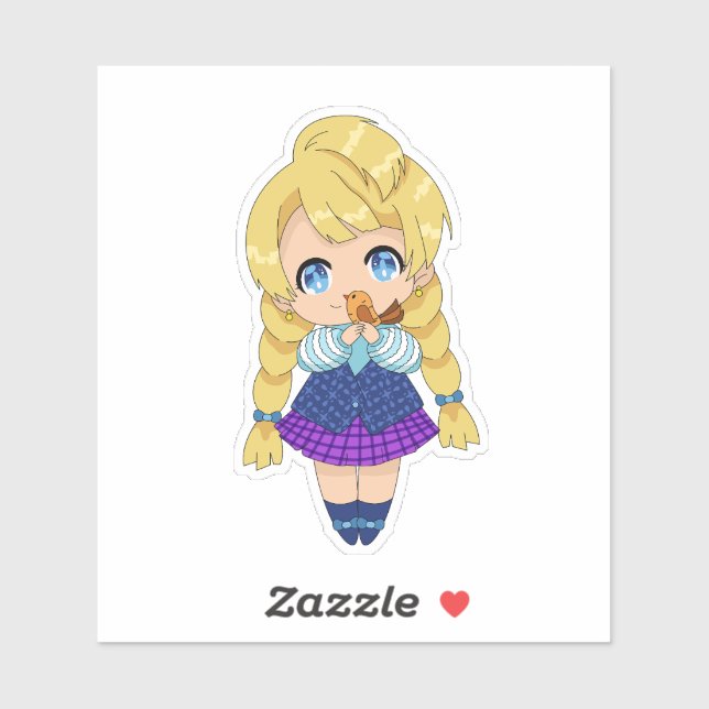Sticker Fille Kawaii avec oiseau (Feuille)