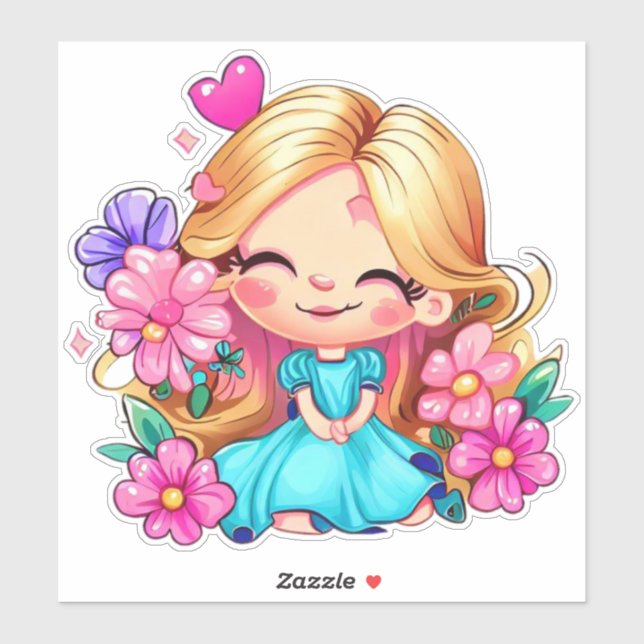 Sticker fille mignonne avec des fleurs (Feuille)