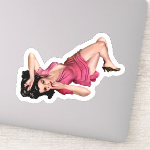 Sticker Fille pin-up brunette en robe rose Art vintage