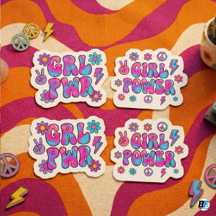 Sticker Fille Rétro Groovy Puissance Rose Bleu Typographie
