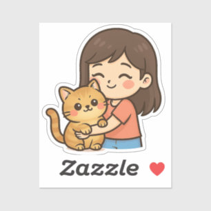 Sticker Fille serrant son chat dans ses bras