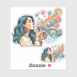 Sticker fille souffler bulles abstraites illustration art