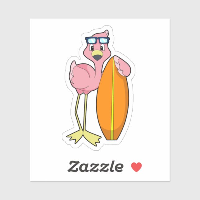 Sticker Flamant rose comme Surfer avec Surfboard.PNG (Feuille)