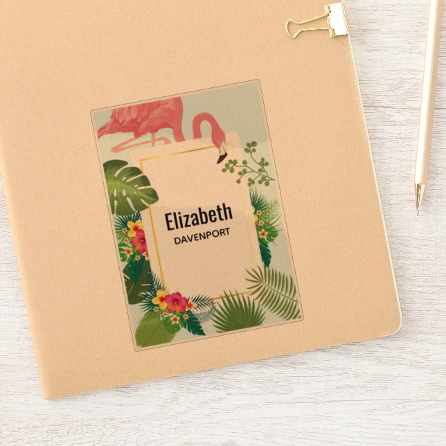 Sticker Flamant rose rose élégant et Feuilles tropicaux (Carnet)