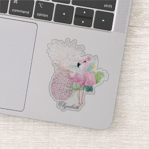 Sticker Flamant rose rose fille, Feuilles tropicaux, Anana