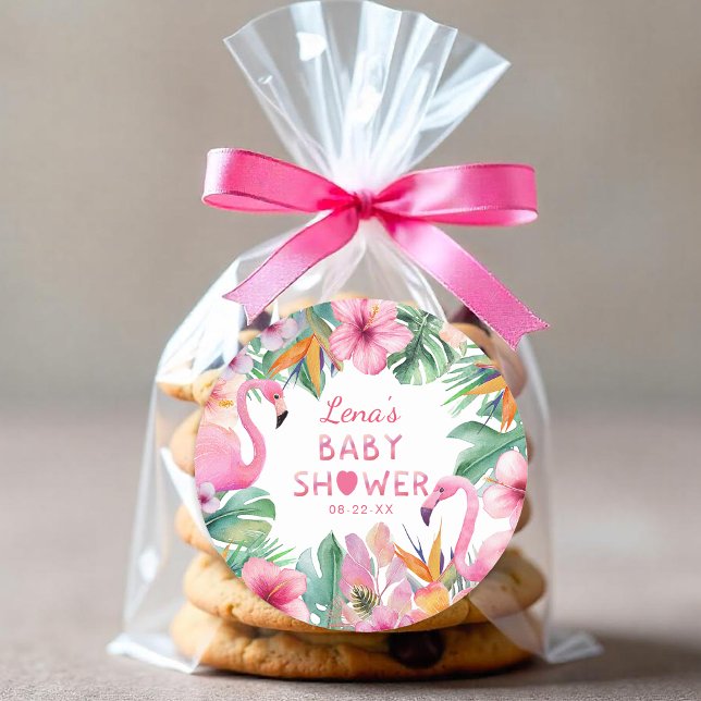 Sticker Flamant rose Tropical Favoriser Baby showe (Flamingo Baby Shower Favor Sticker)