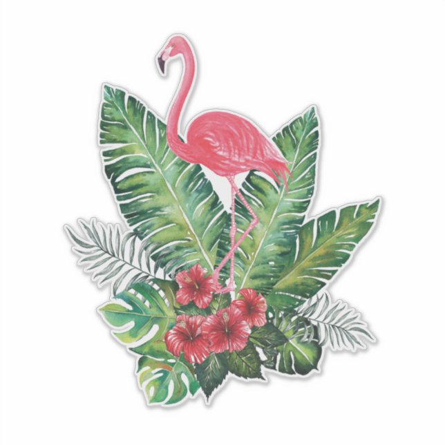 Sticker Flamant rose tropical feuille (Devant)