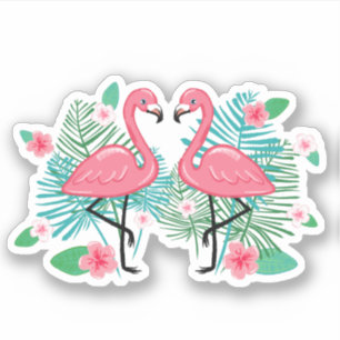 Sticker Flamants roses et fleurs roses