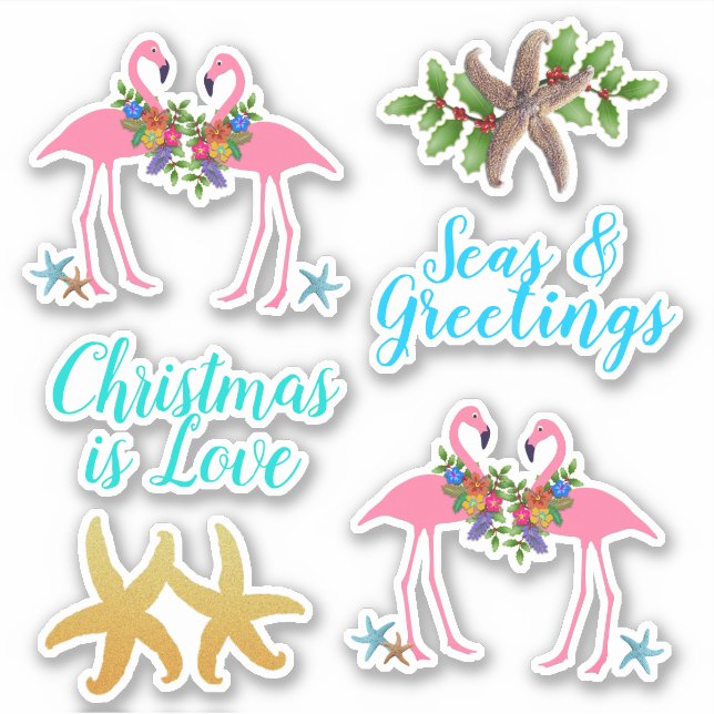 Sticker Flamants roses étoiles de mer en forme de Noël tro (Devant)
