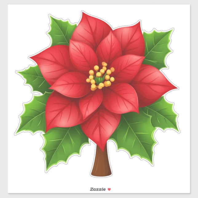Sticker Fleur de Poinsettie Rouge Vibrante avec Feuilles v (Feuille)