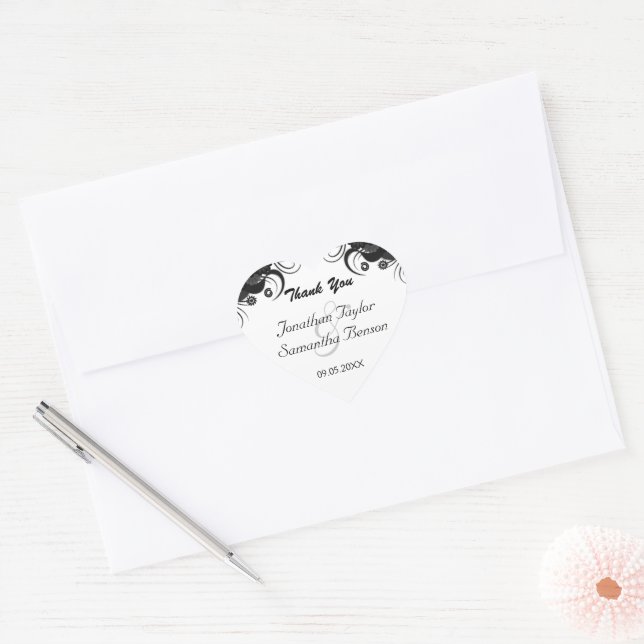 Sticker Fleur Noir et Blanc Coeur Mariage Faveur (Enveloppe)