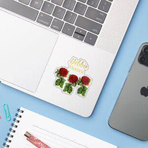 Sticker Fleur rouge et feuilles verts nom personnalisé