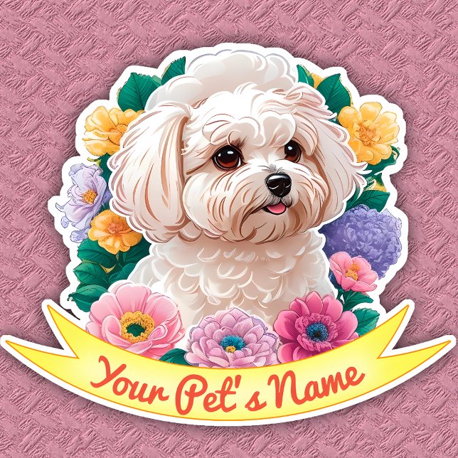 Sticker Fleur Winsome Bichon Frisé, jaune, rose et violet (Créateur téléchargé)